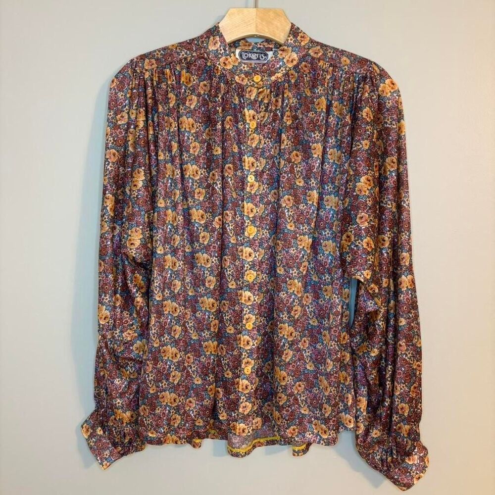 Womens Floral Blouse Puffed Sleeves Gathered Cuffs Cottage Prairie Country Large